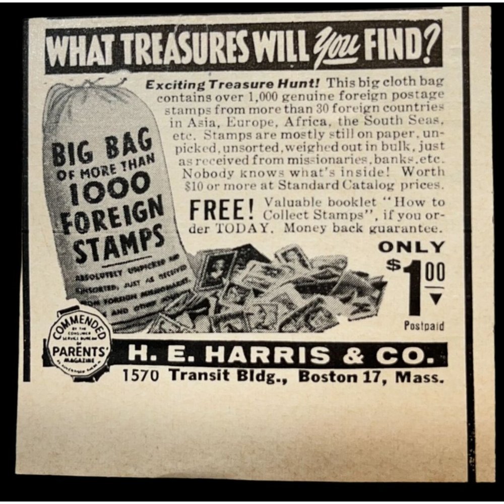 H.E. Harris Vintage Print Ad 1955 Foreign Stamp Collecting Boston MA